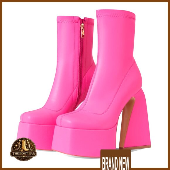 Platform Boots Mid Calf Square Toe Chunky Heel Side Zipper Ankle Booties
